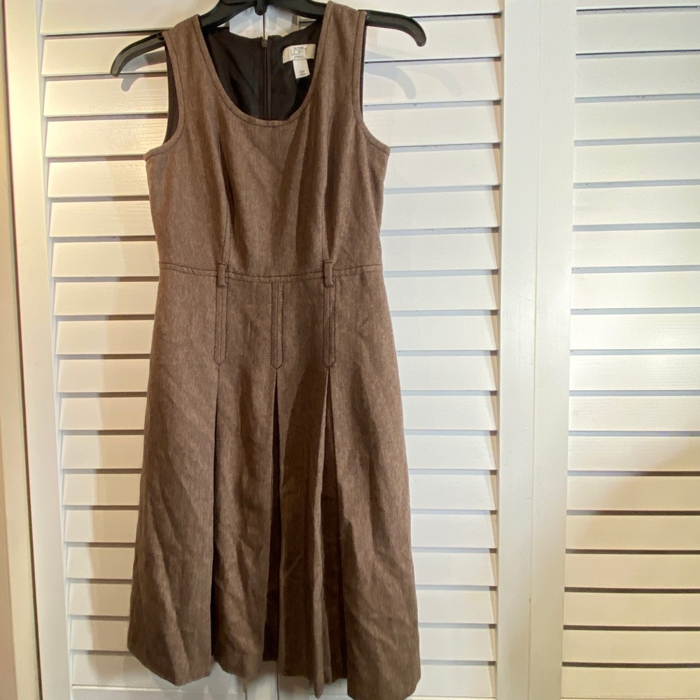 Loft tan and brown wool pleated dress.